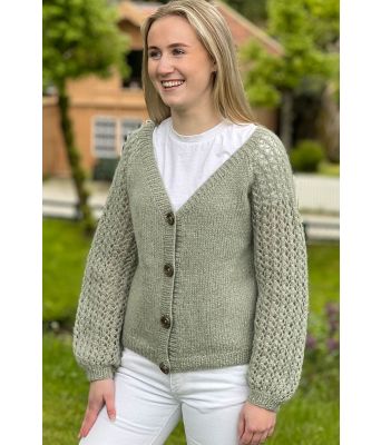 Mosegrønn Perlepuff cardigan - Strikkose 005-334