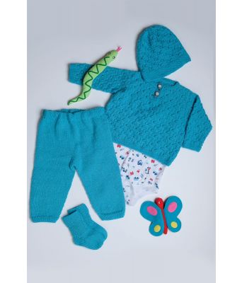 Strikket hentesett til baby med genser, bukse, lue og sokker - Viking 1006-7