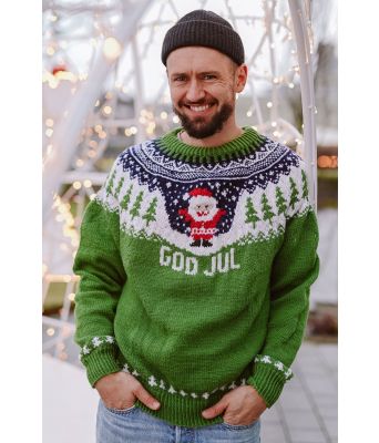 Gul jul nissegenser med grønn bunnfarge - Strikkia 2023-025