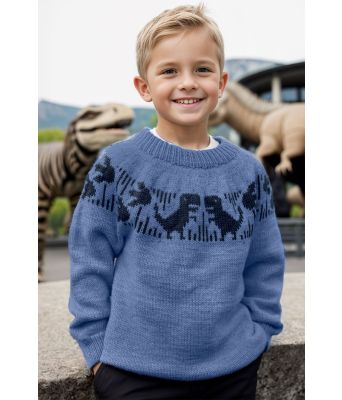 Blå dinosaurgenser med marineblått mønster - Strikkia 2024-004-523526