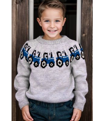 Lysegrå genser med blå traktor - Strikkia 2024-012-SR512550575500