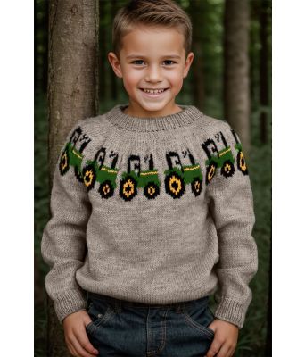 Grå traktorgenser med grønn og gul traktor - Strikkia 2024-012-SR513550533545