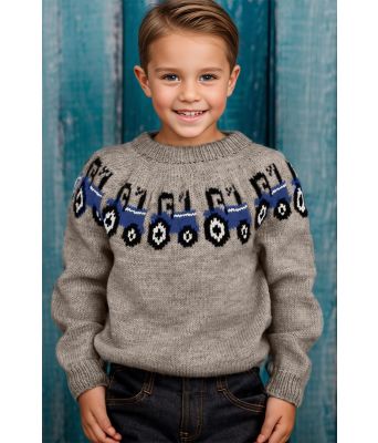 Grå traktorgenser med blå traktor - Strikkia 2024-012-SR513550576500