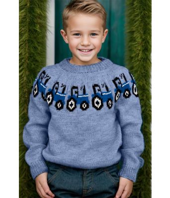 Lyst blå traktorgenser med blå traktor - Strikkia 2024-012-SR521550575500