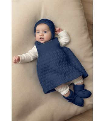 Jeansblå April Strikkekjole til baby med lue og sokker - Viking 2028-6-325