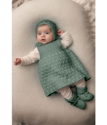 Olivengrønn April Strikkekjole til baby med lue og sokker - Viking 2028-6-338