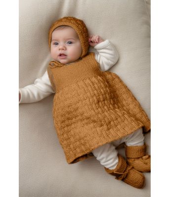 Okergul April Strikkekjole til baby med lue og sokker - Viking 2028-6-375