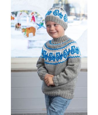 Lysegrå Traktorgenser strikkegenser med traktor til barn - Viking 2110-05F