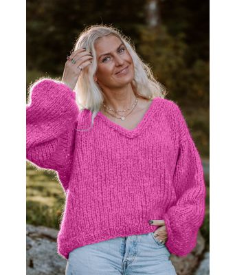 Charlottes cerise chunky mohair genser - Strikkia 2021-027J
