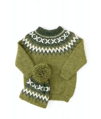 Grønn rallargenser og strikkelue til barn - DG 17-01E