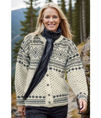 Naturhvit Sirdal jakke med marineblått mønster - DLG 131-34003406