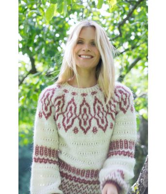 Hvit Joanna genser med rosarødt mønster - DSA 80-10