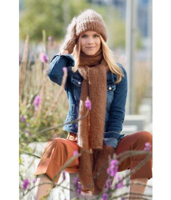 Kamelbrunt sett med Asha lue, votter og langt skjerf - HOY 19-16A