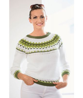 Leonora hvit strikkegenser med grønt mønster - Viking 1808-06