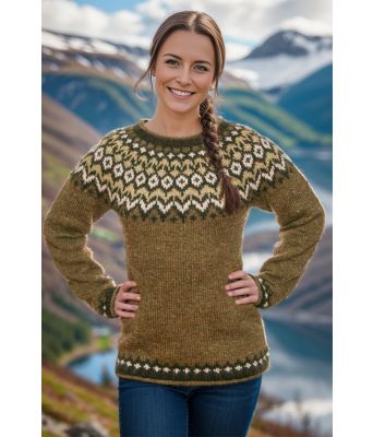 Gylden riddarigenser med grønt og stråfarget mønster - LL0099