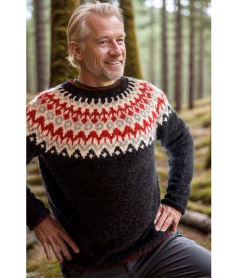 Svart riddarigenser med grått og rødt mønster - LL0104