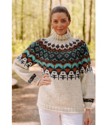 Naturhvit Matoakagenser med koks/turkis/rustbrunt mønster - Linka Neumann design LN0019-VW-003