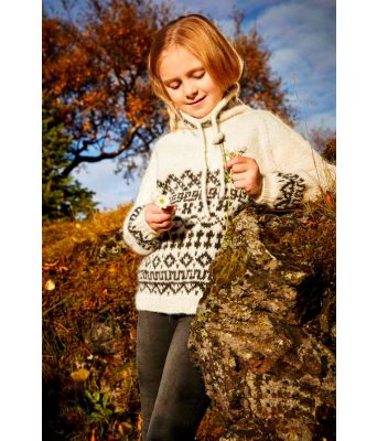 Snjoalda naturfarget strikket hettegenser til barn - Lopi 37-12