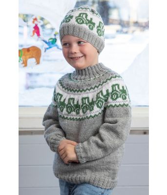 Lysegrå Traktorgenser strikkegenser med traktor til barn - Viking 2110-05D