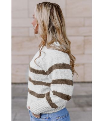 Hvit Bordeaux sweater med lysebrune striper - Strikkia 2023-001 300-309