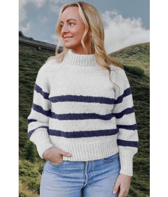 Hvit Bordeaux sweater med mørkeblå striper - Strikkia 2023-001 300-324