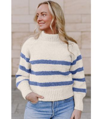 Naturhvit Bordeaux sweater med blå striper - Strikkia 2023-001 302-323