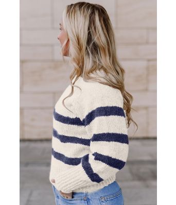 Naturhvit Bordeaux sweater med mørkeblå striper - Strikkia 2023-001 302-324