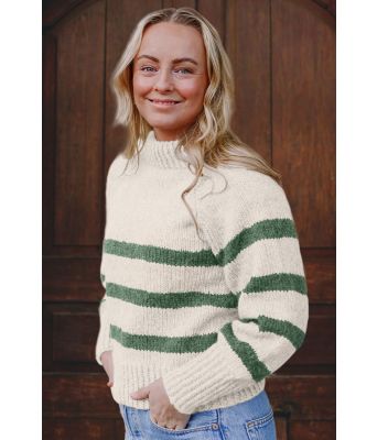 Naturhvit Bordeaux sweater med jadegrønne striper - Strikkia 2023-001 302-336