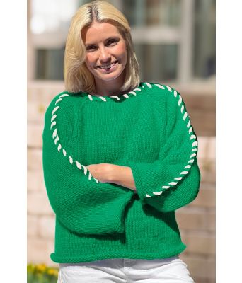 Grønn Sorbonne stitchgenser med hvit kontrast - Strikkia 2023-337300