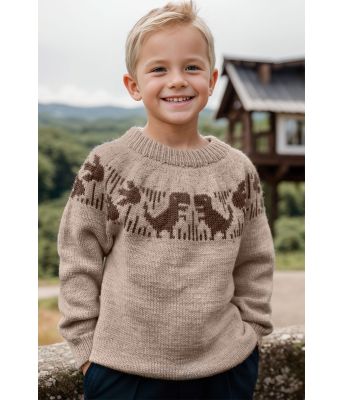 Beige dinosaurgenser med brunt mønster - Strikkia 2024-004-507508