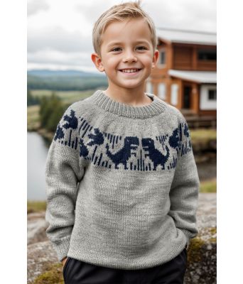 Grå dinosaur genser med marineblått mønster - Strikkia 2024-004-513526