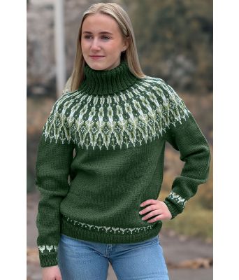 Armygrønn Tusseladdgenser med vårgrønt mønster - Linka Neumann design TLGSU-0001-3489