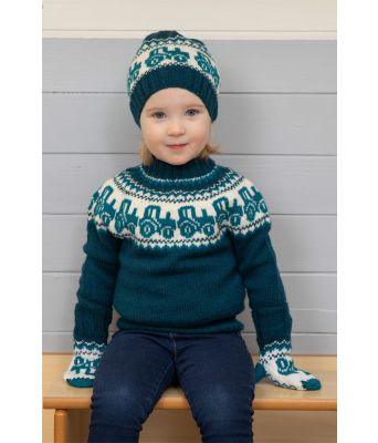 Traktorgenser strikkegenser til barn med traktor petrolfarget - Viking 2110-05A