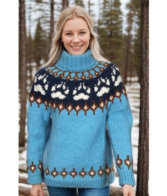 Turkis villmarksgenser med blått i rundfellingen - Linka Neumann design VGS0002B