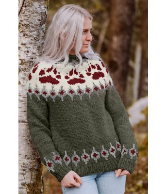 Mørkegrønn villmarksgenser med roserøde poter - Linka Neumann design VGHG0033