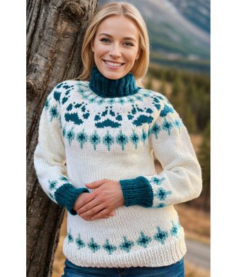 Naturhvit villmarksgenser med turkis mønster - Linka Neumann design VGHG0053