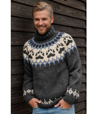 Koksgrå villmarksgenser med jeansblått mønster - Linka Neumann design VGVG0013