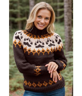 Brun villmarksgenser med beige og oker mønster - Linka Neumann design VGVG0015