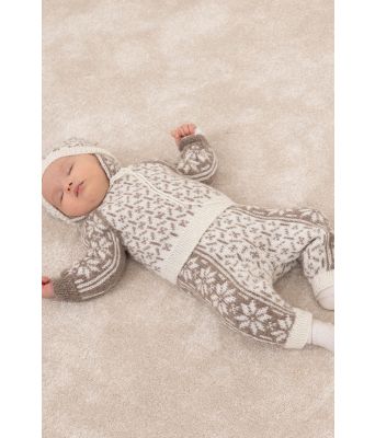 Ellinor hvitt og lysebrunt sett med genser bukse og lue - Viking 2304-03C