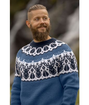 Lys jeansblå hjortegenser med marineblått mønster - Viking 2336-8-222226