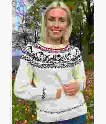 Naturhvit Fjellgeitgenser med blått og rødt mønster - DLG 22-005O