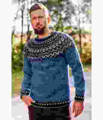 Mørkt blå riddarigenser med grått mønster - Istex 91002