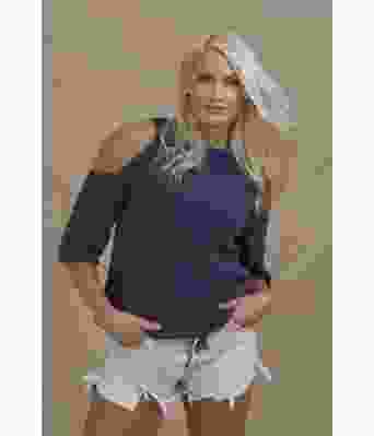 Blåstjerne strikket kortermet genser med skulderaapning - Viking 1702-02