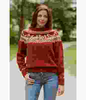 Rustbrun Fjellgeitgenser med hvitt og gult mønster - DLG 22-005E