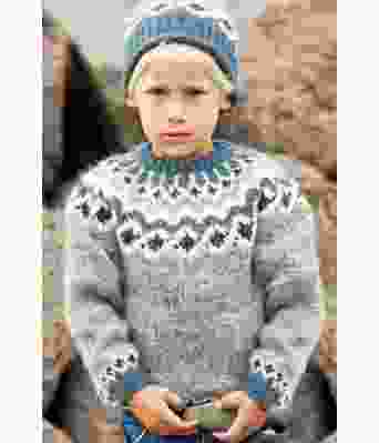 Grå Kambur genser til barn med blått mønster - Istex 91007-0056