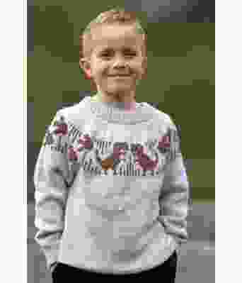 Lysegrå dinosaurgenser med brunt mønster - Strikkia 2024-004-104128