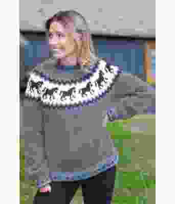 Grå hestegenser med blå detaljer - Strikkia 2021-035-313323