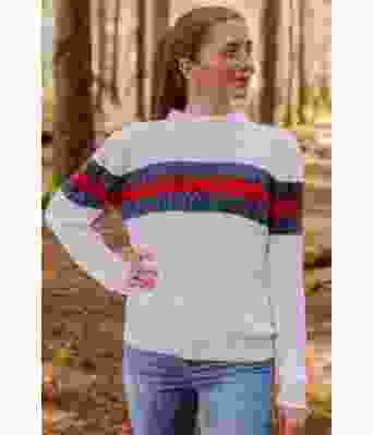 Amalfi sweater flettegenser med rød og blå striper - Strikkia 2023-014