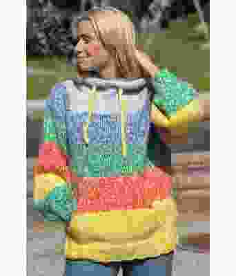 Happy hoodie fargerik hettegener med striper - Strikkia 2023-020