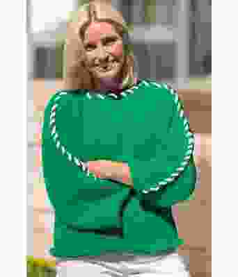 Grønn Sorbonne stitchgenser med hvit kontrast - Strikkia 2023-337300